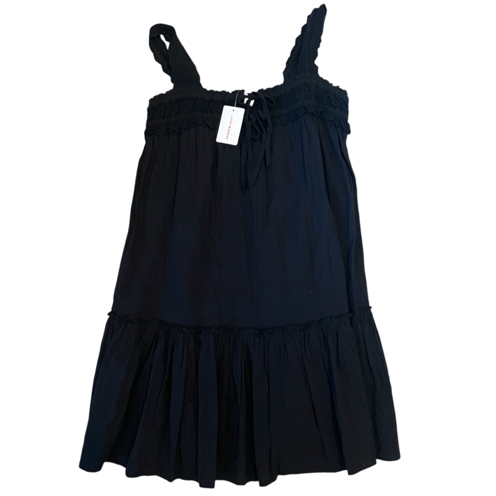 Lucky Brand Black Lace Cottagecore Dress XS Sleeveless Ruffle Hem Boho Mini